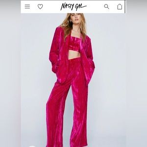 NWT Nasty Gal Hot Pink Crushed Velvet Wide Leg Pants